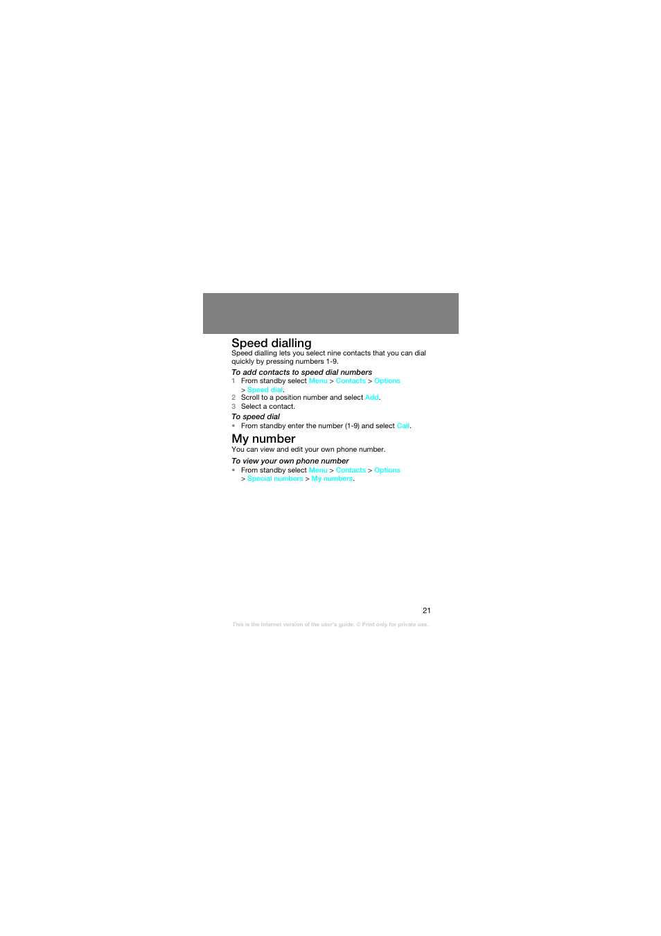 Speed dialling, My number | Superior Z258C User Manual | Page 21 / 48