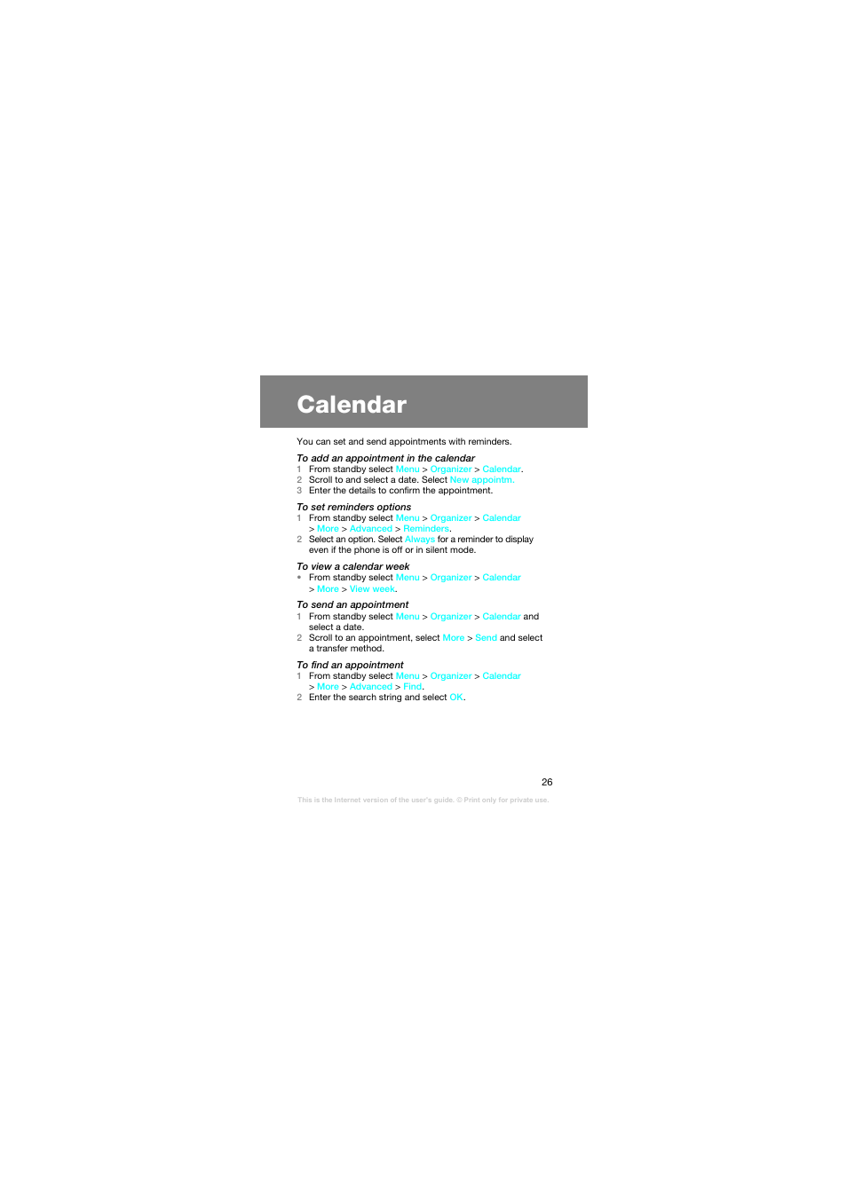 Calendar | Superior Z258C User Manual | Page 26 / 48