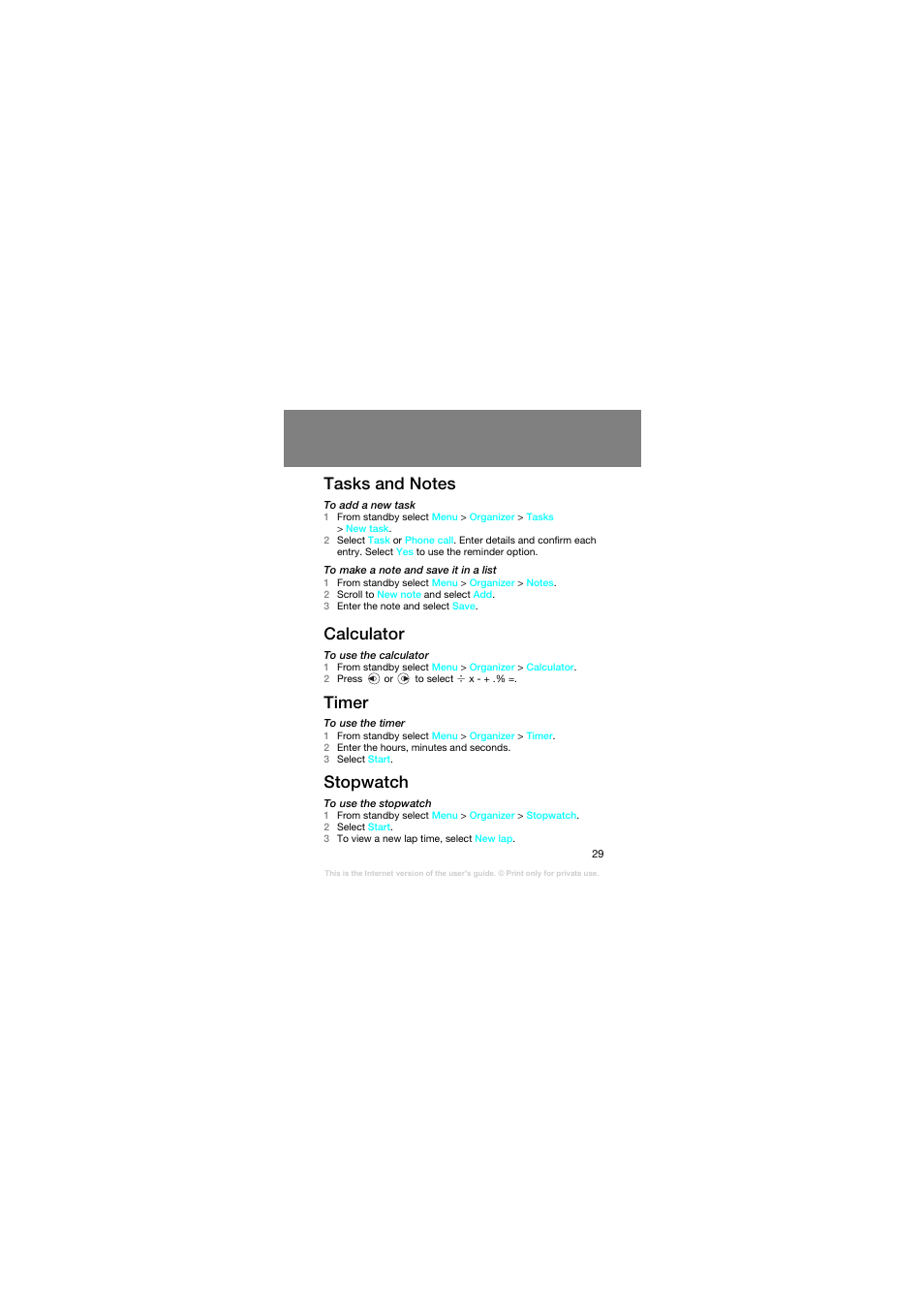 Tasks and notes, Calculator, Timer | Stopwatch | Superior Z258C User Manual | Page 29 / 48