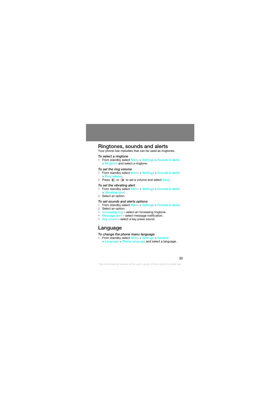 Ringtones, sounds and alerts, Language | Superior Z258C User Manual | Page 30 / 48