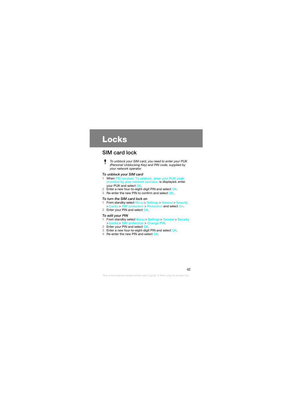 Locks, Sim card lock, E locks | Superior Z258C User Manual | Page 42 / 48