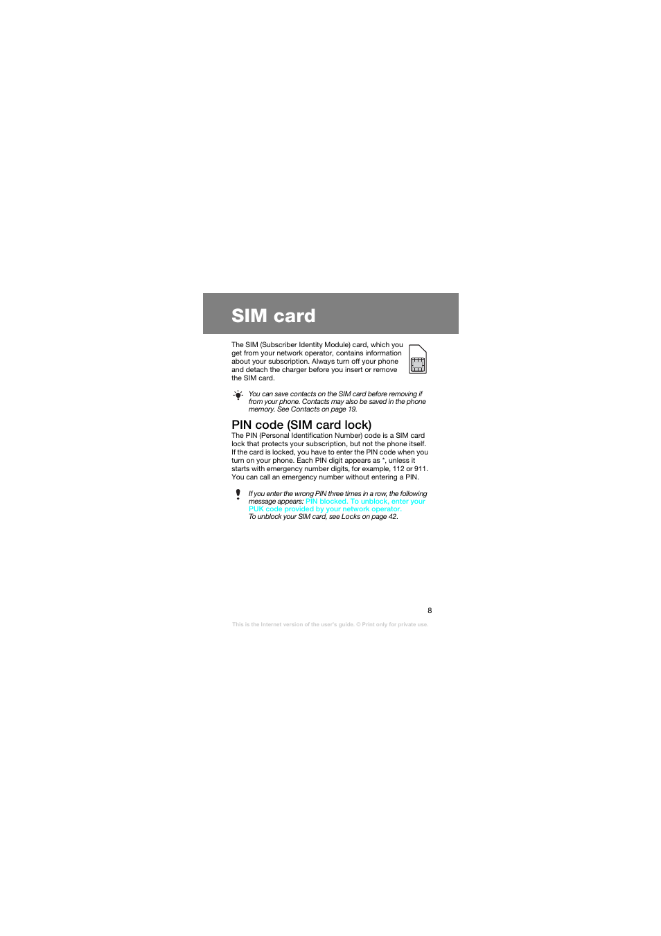 Sim card, Pin code (sim card lock) | Superior Z258C User Manual | Page 8 / 48