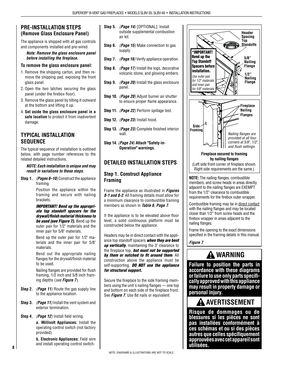 Warning, Avertissement, Pre-installation steps | Typical installation sequence, Detailed installation steps | Superior SLBV-40PM User Manual | Page 8 / 28