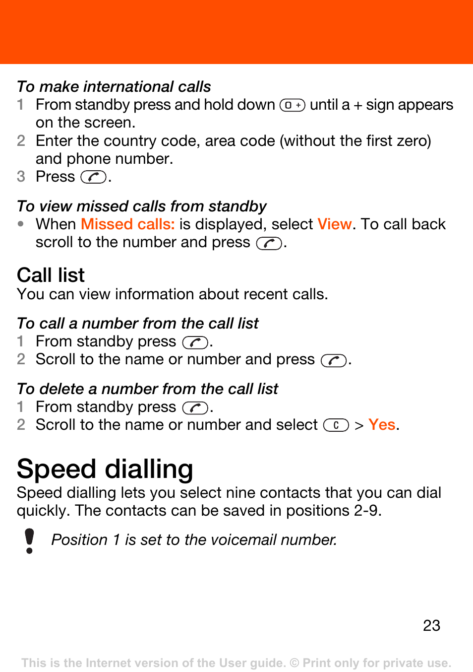 Speed dialling, Call list | Superior W302 User Manual | Page 23 / 42