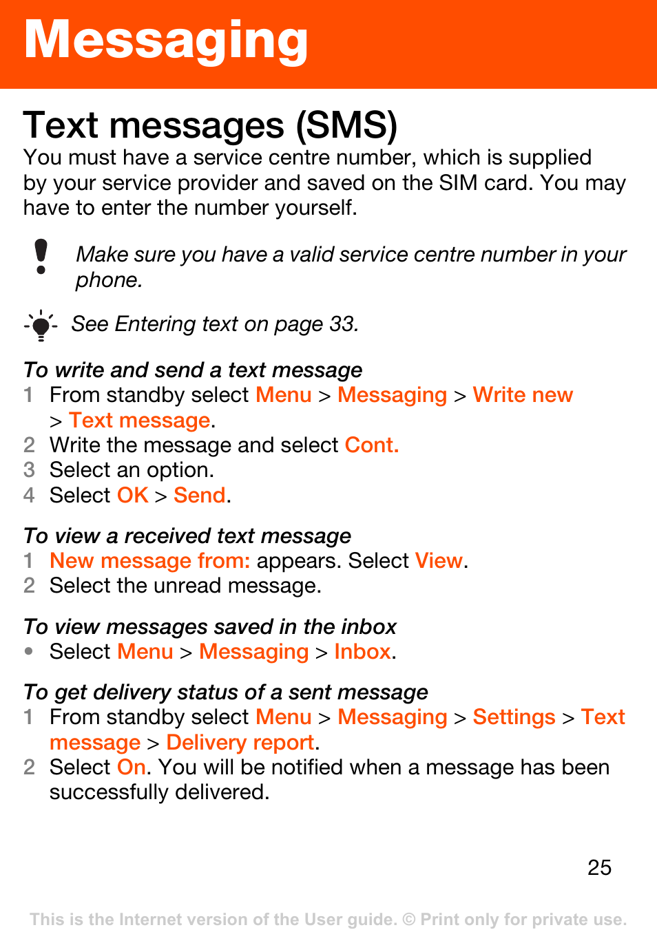 Messaging, Text messages (sms) | Superior W302 User Manual | Page 25 / 42