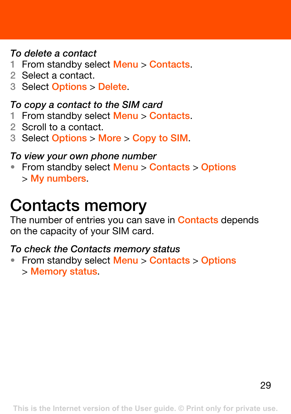Contacts memory | Superior W302 User Manual | Page 29 / 42