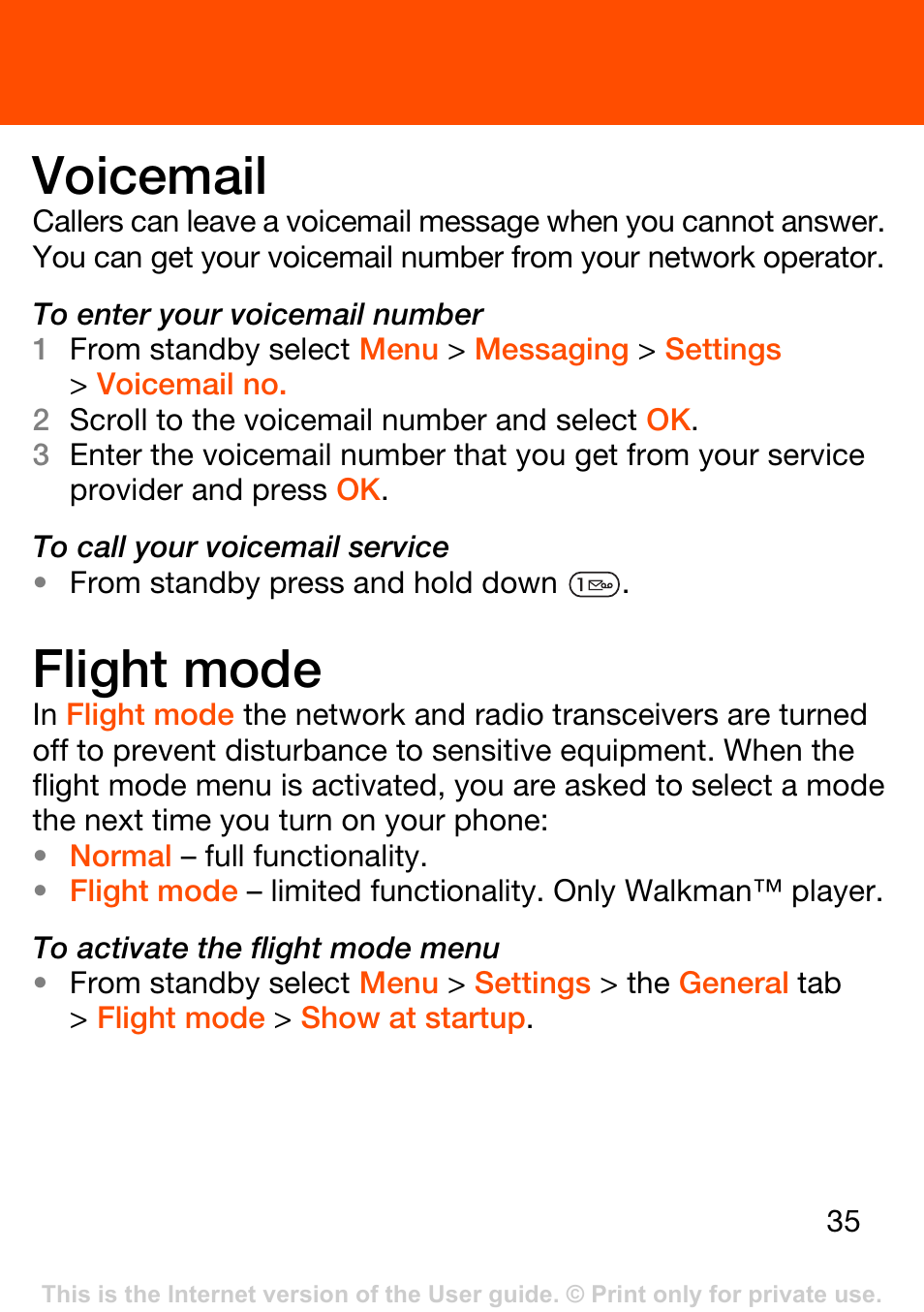 Voicemail, Flight mode | Superior W302 User Manual | Page 35 / 42