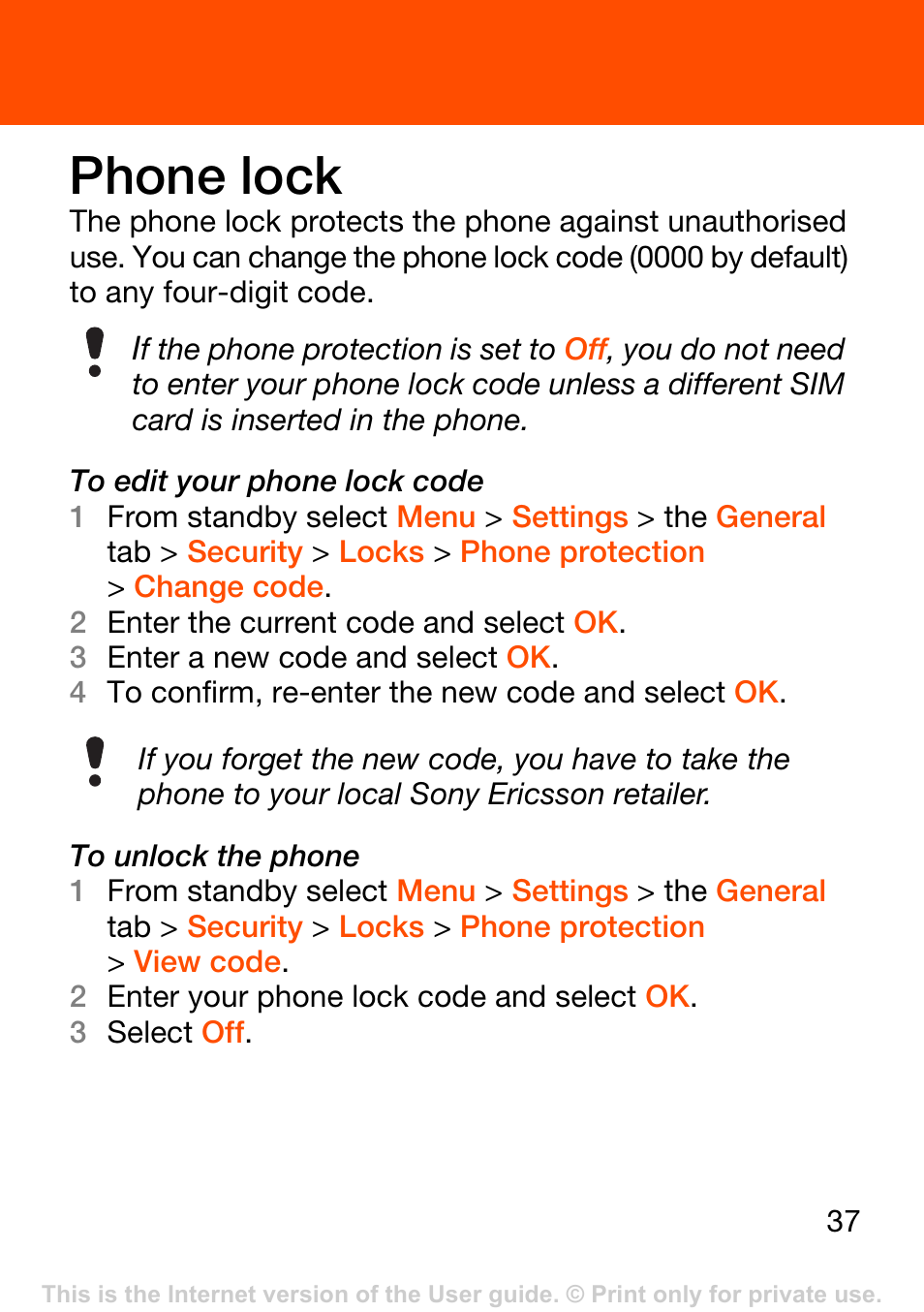 Phone lock | Superior W302 User Manual | Page 37 / 42