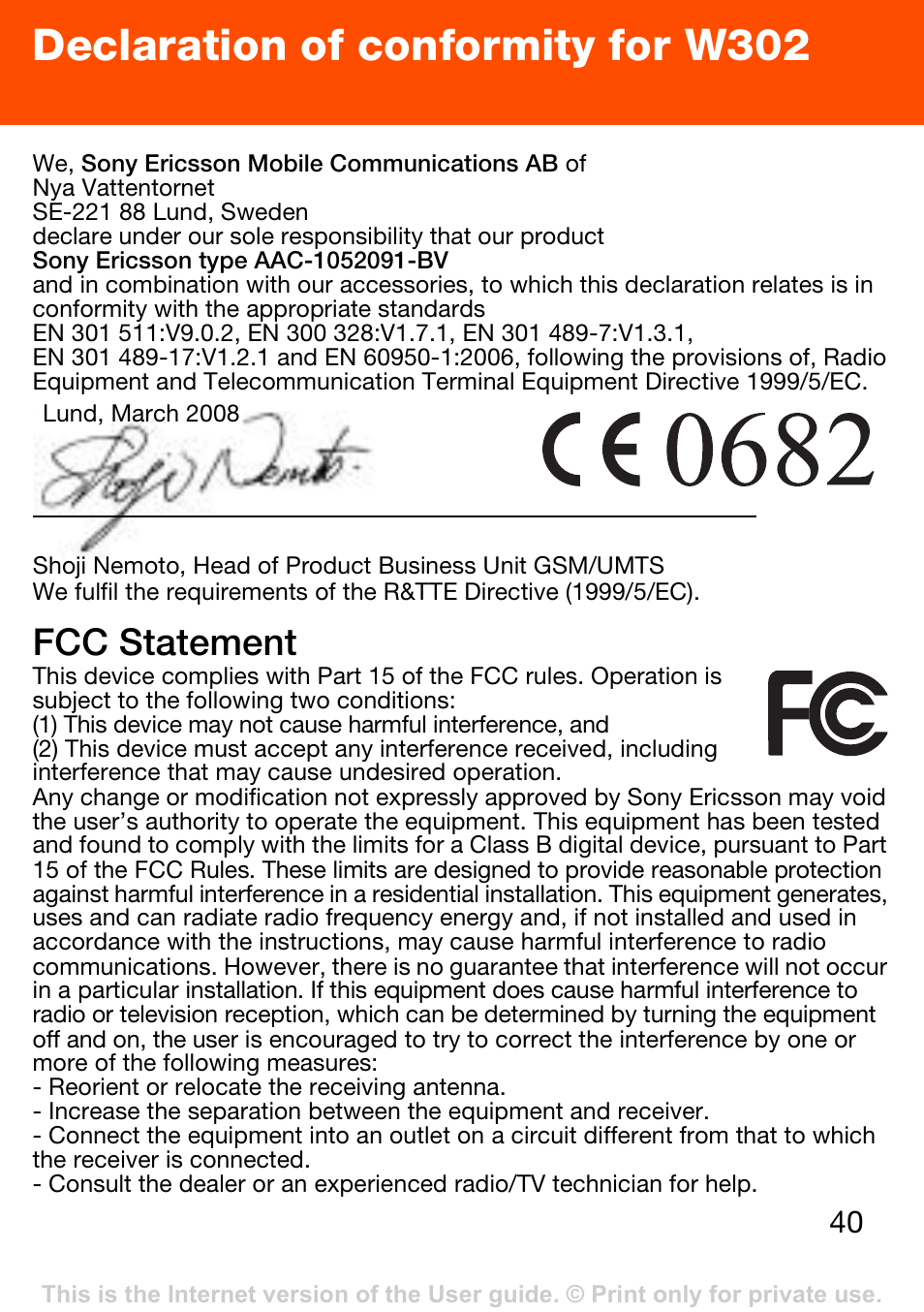 Declaration of conformity for w302, Fcc statement | Superior W302 User Manual | Page 40 / 42