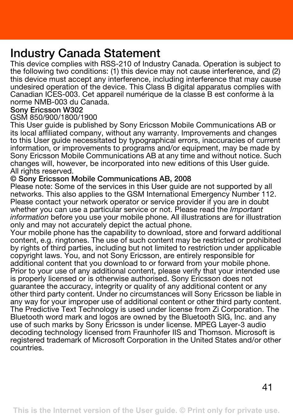 Industry canada statement | Superior W302 User Manual | Page 41 / 42