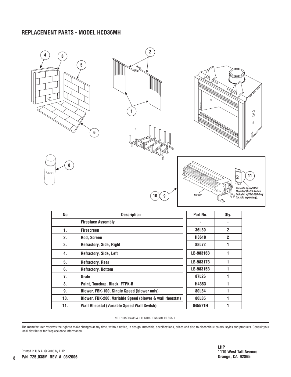 Replacement parts - model hcd36mh | Superior HCD36MH User Manual | Page 8 / 8