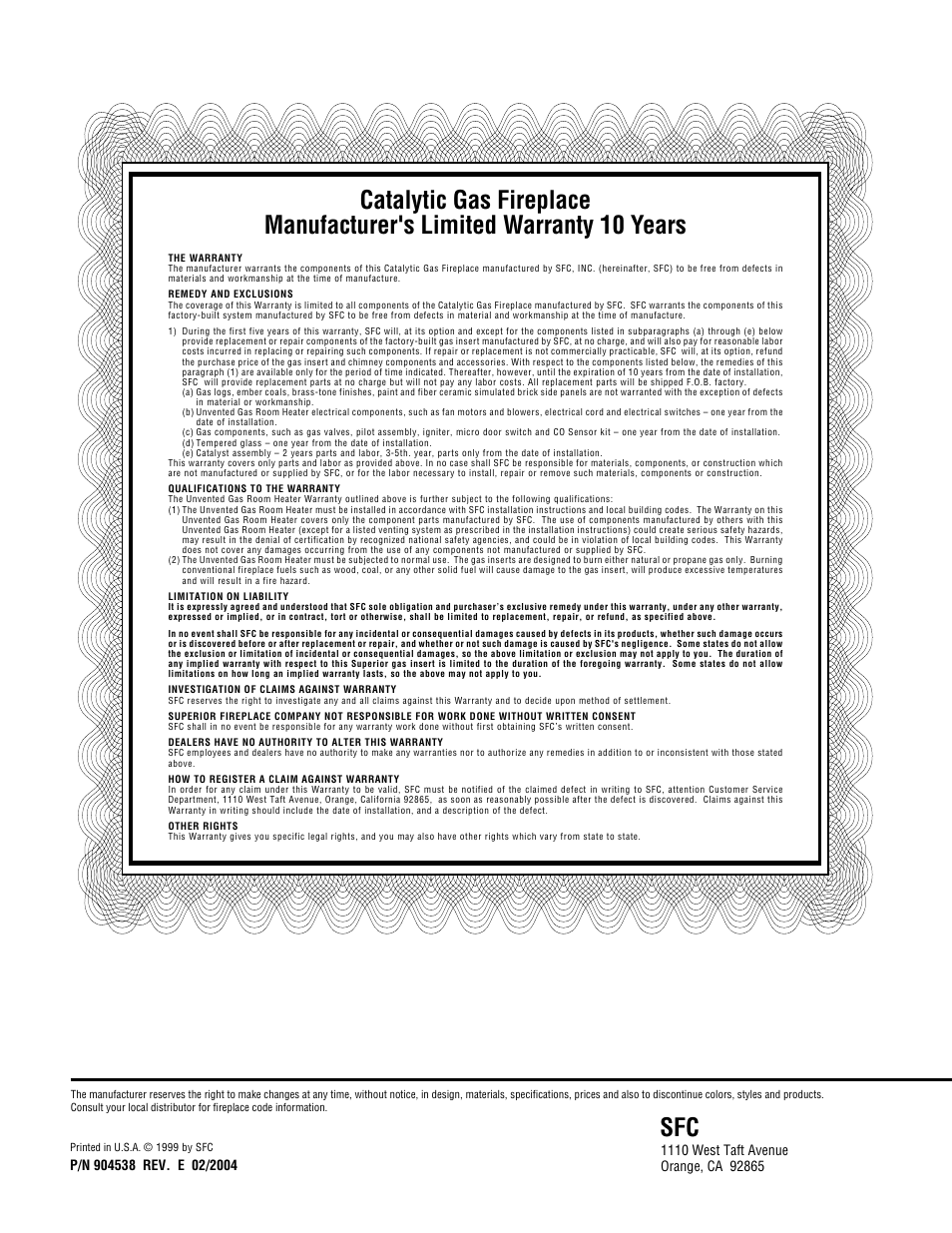 Superior STANDARD SERIES CF6500-CMN User Manual | Page 20 / 20
