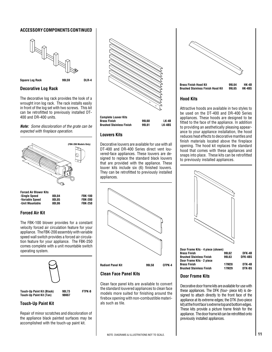 Door frame kits, Louvers kits, Hood kits | Forced air kit, Clean face panel kits, Decorative log rack, Accessory components continued, Touch-up paint kit | Superior NMC004-TD User Manual | Page 11 / 20