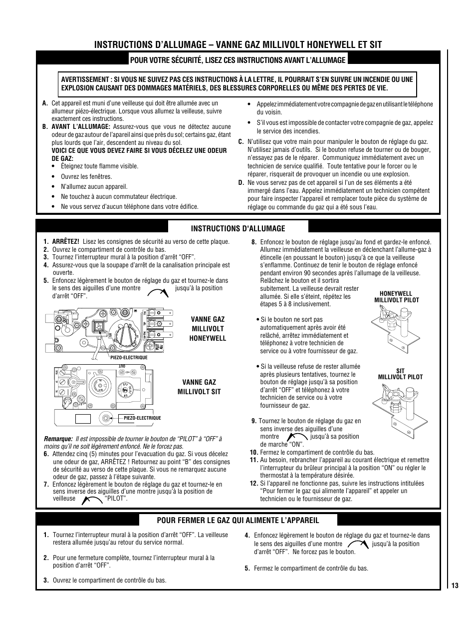 Instructions d'allumage, Pour fermer le gaz qui alimente l’appareil | Superior NMC004-TD User Manual | Page 13 / 20