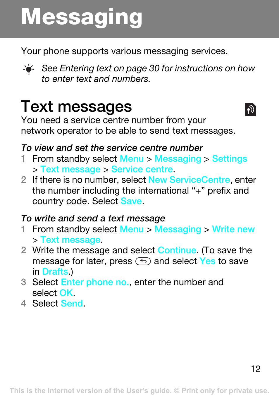 Messaging, Text messages | Superior Z250A User Manual | Page 12 / 42