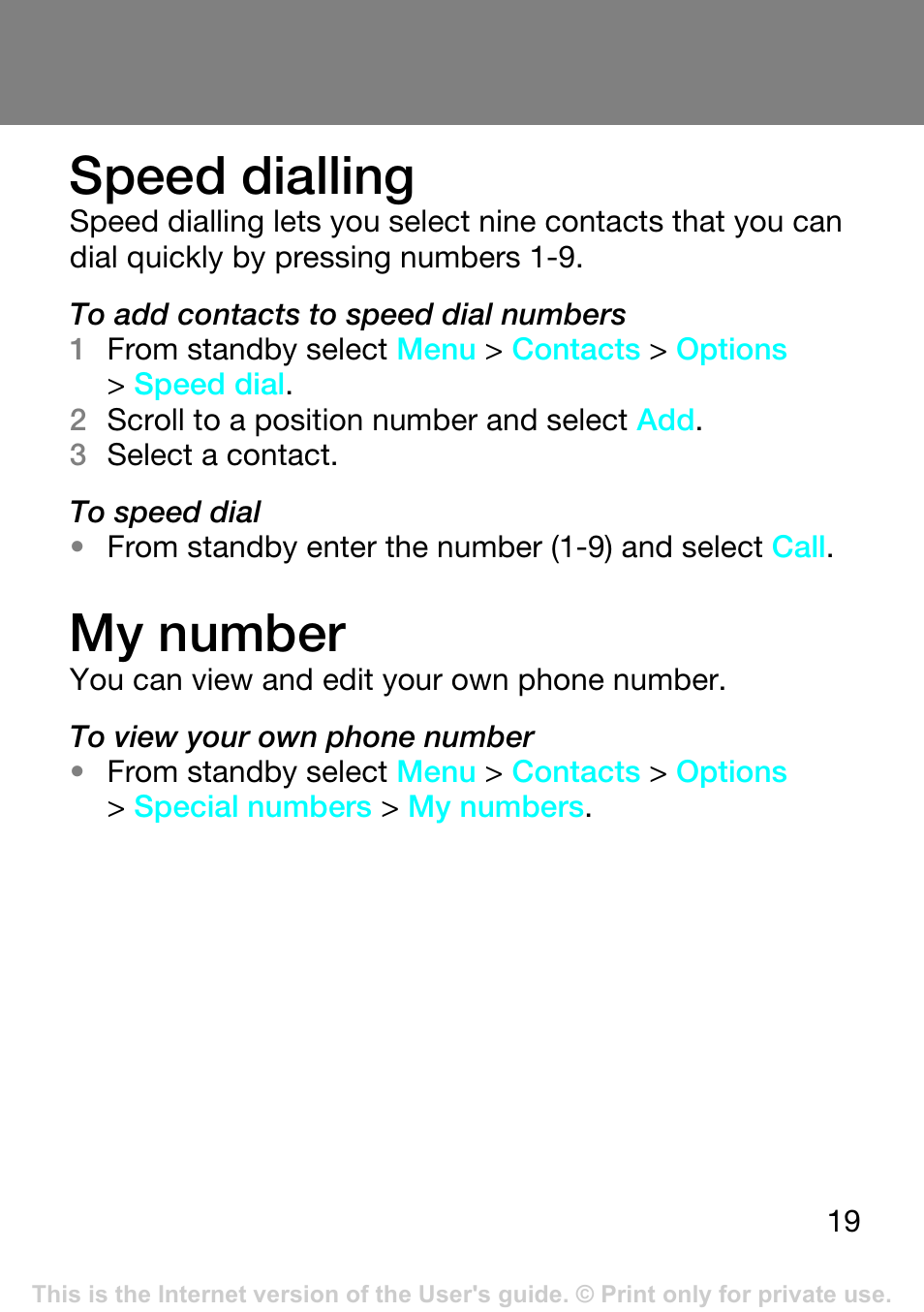 Speed dialling, My number | Superior Z250A User Manual | Page 19 / 42