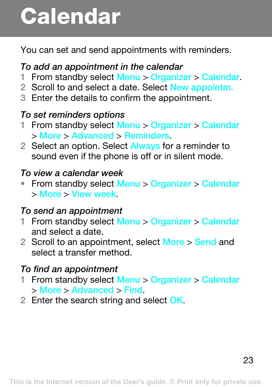 Calendar | Superior Z250A User Manual | Page 23 / 42