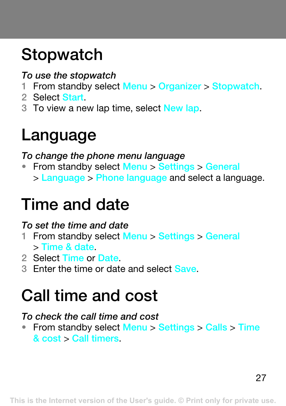 Stopwatch, Language, Time and date | Call time and cost | Superior Z250A User Manual | Page 27 / 42