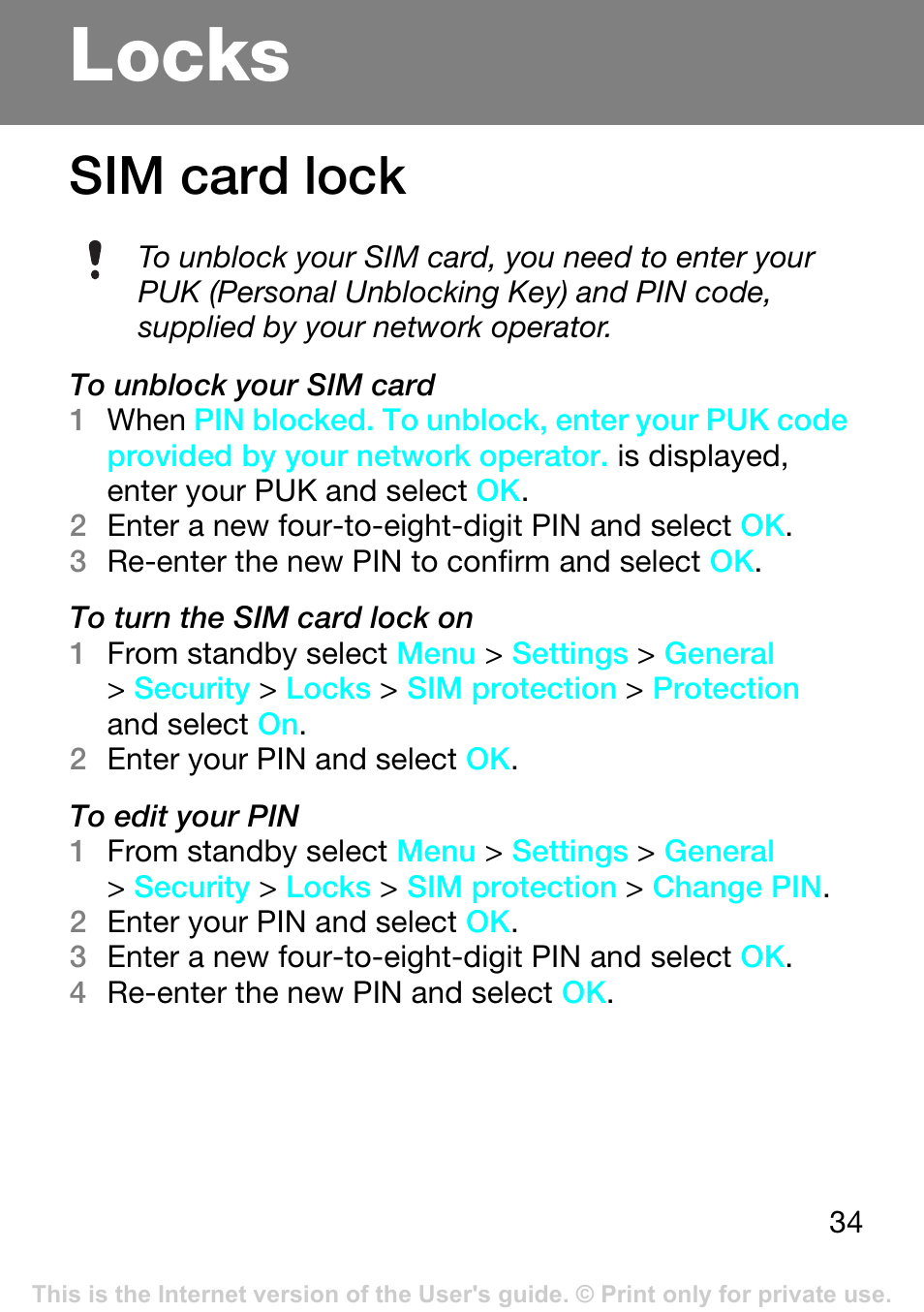 Locks, Sim card lock | Superior Z250A User Manual | Page 34 / 42