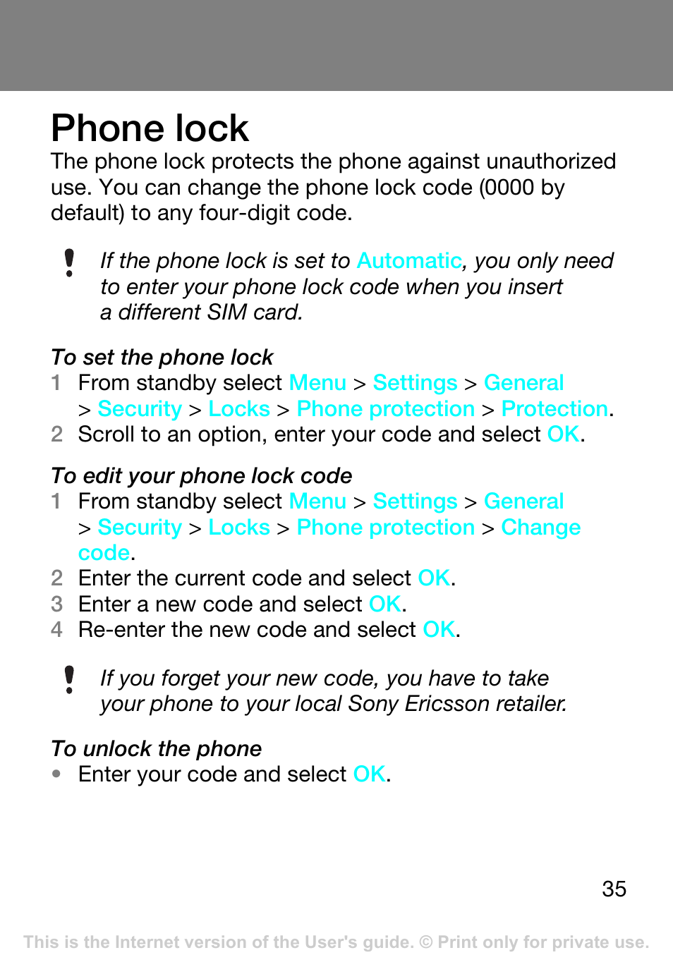 Phone lock | Superior Z250A User Manual | Page 35 / 42