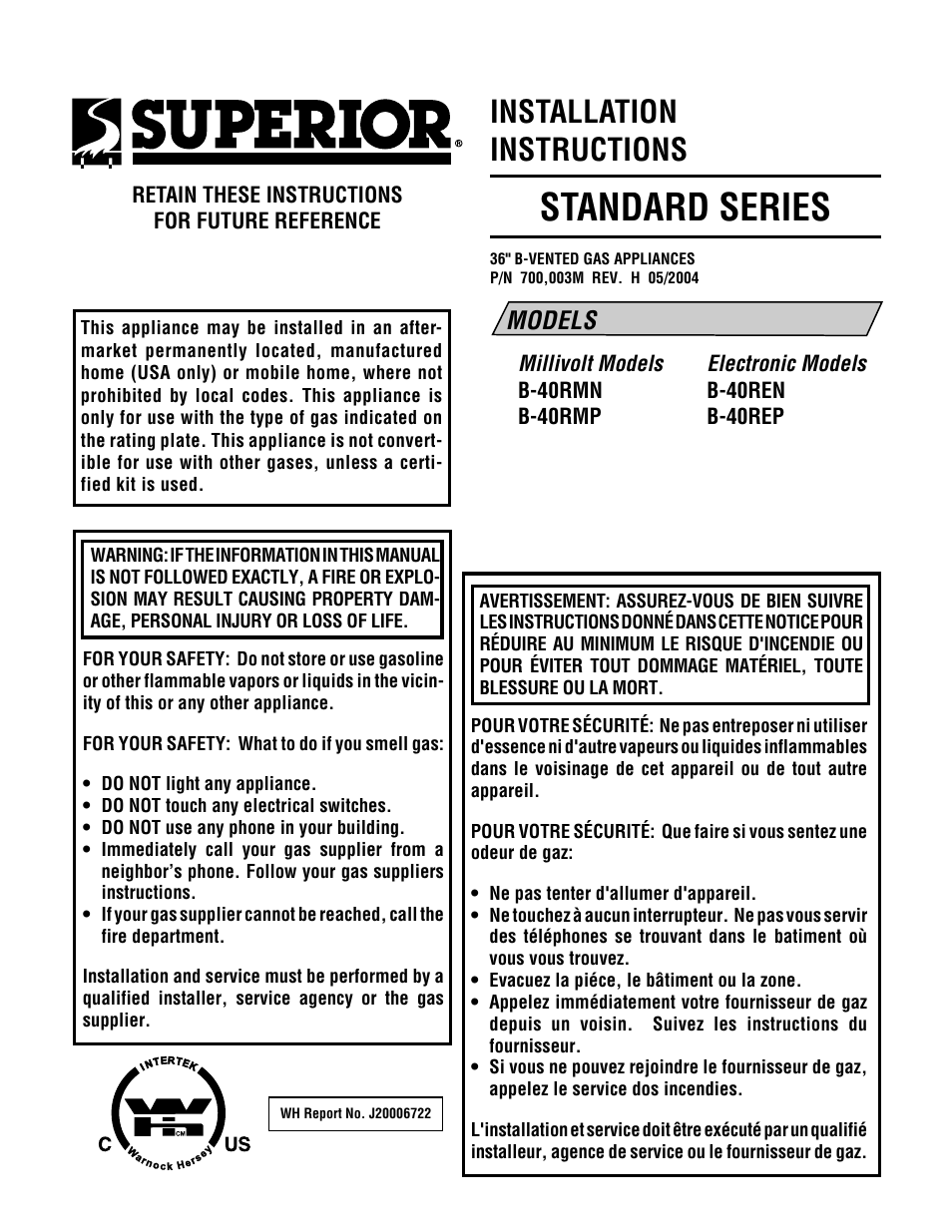 Superior 36" B-VENTED GAS APPLIANCES B-40REP User Manual | 16 pages