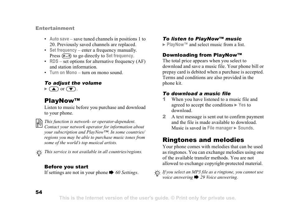 Playnow, Ringtones and melodies, Cont ents | Sony ericsson t618 | Superior W550C User Manual | Page 54 / 94
