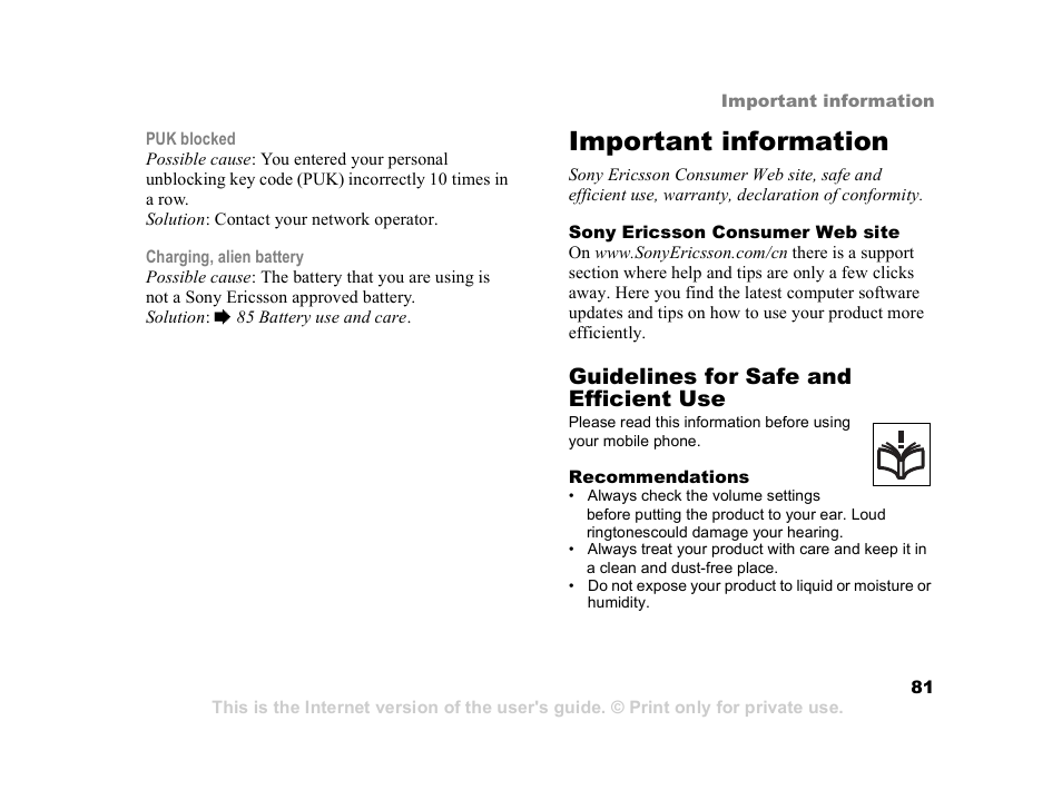 Important information, Guidelines for safe and efficient use, Why doesn’t the phone work the way i want | Additional information 91, Cont ents, Sony ericsson t618 | Superior W550C User Manual | Page 81 / 94