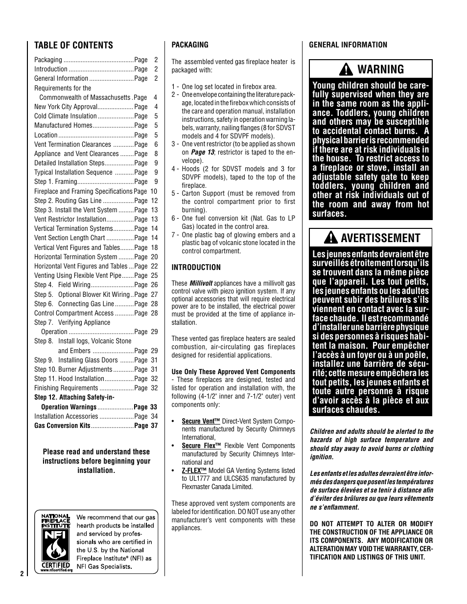 Warning, Avertissement | Superior MILLIVOLT SDVST-N-B User Manual | Page 2 / 40