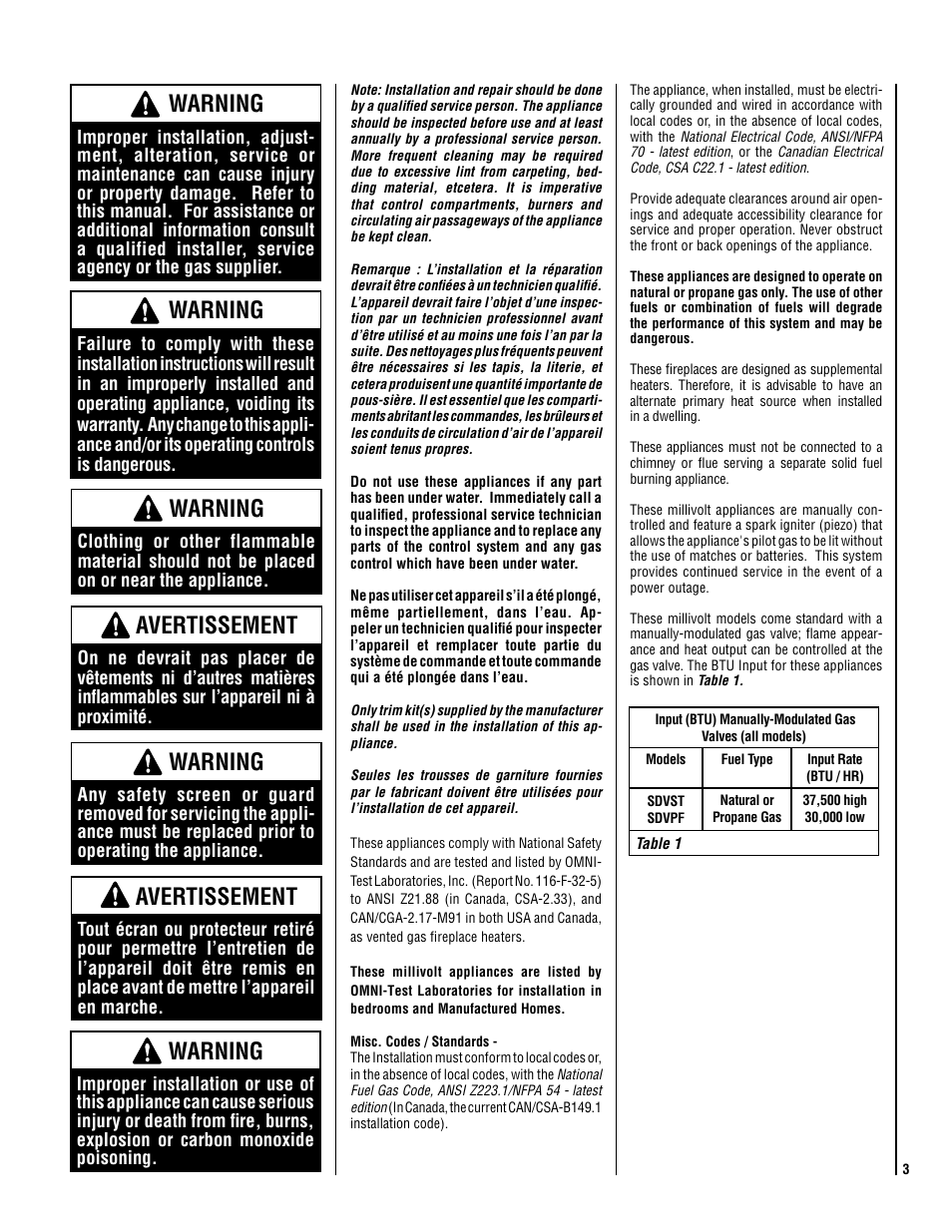 Warning, Avertissement | Superior MILLIVOLT SDVST-N-B User Manual | Page 3 / 40