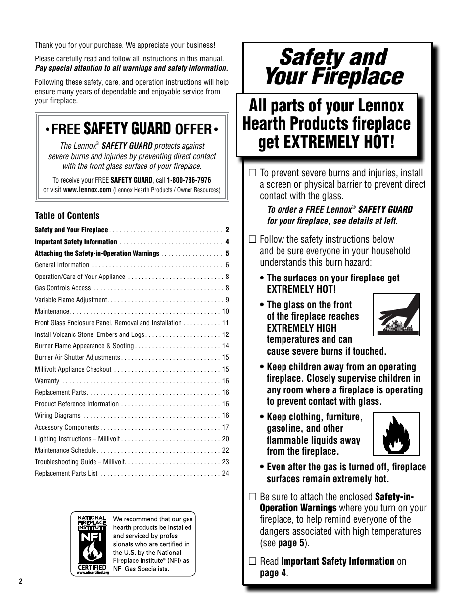 Safety and your fireplace, Safety, Guard | Free, Offer | Superior DIRECT-VENT GAS FIREPLACES SDV35 User Manual | Page 2 / 28