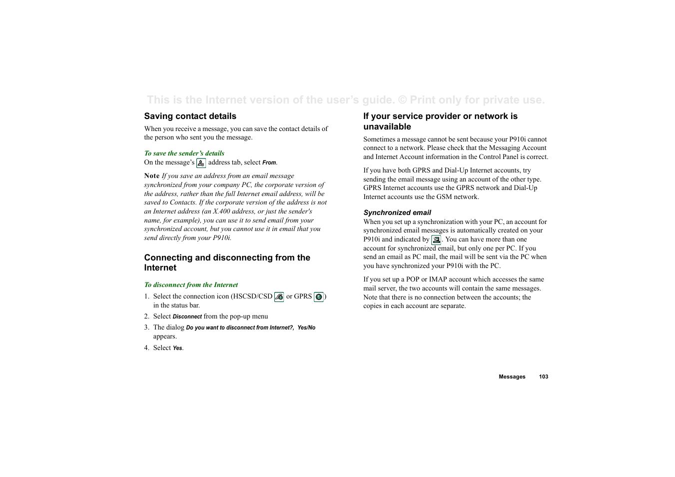 Saving contact details, Connecting and disconnecting from the internet, If your service provider or network is unavailable | Superior P910I User Manual | Page 103 / 211