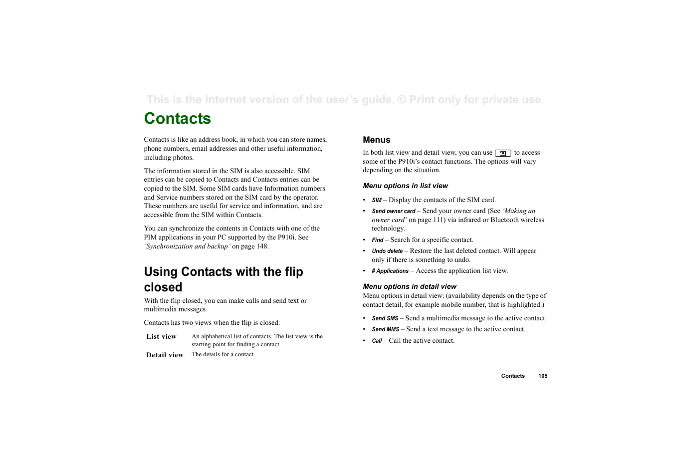 Contacts, Using contacts with the flip closed, Menus | Superior P910I User Manual | Page 105 / 211