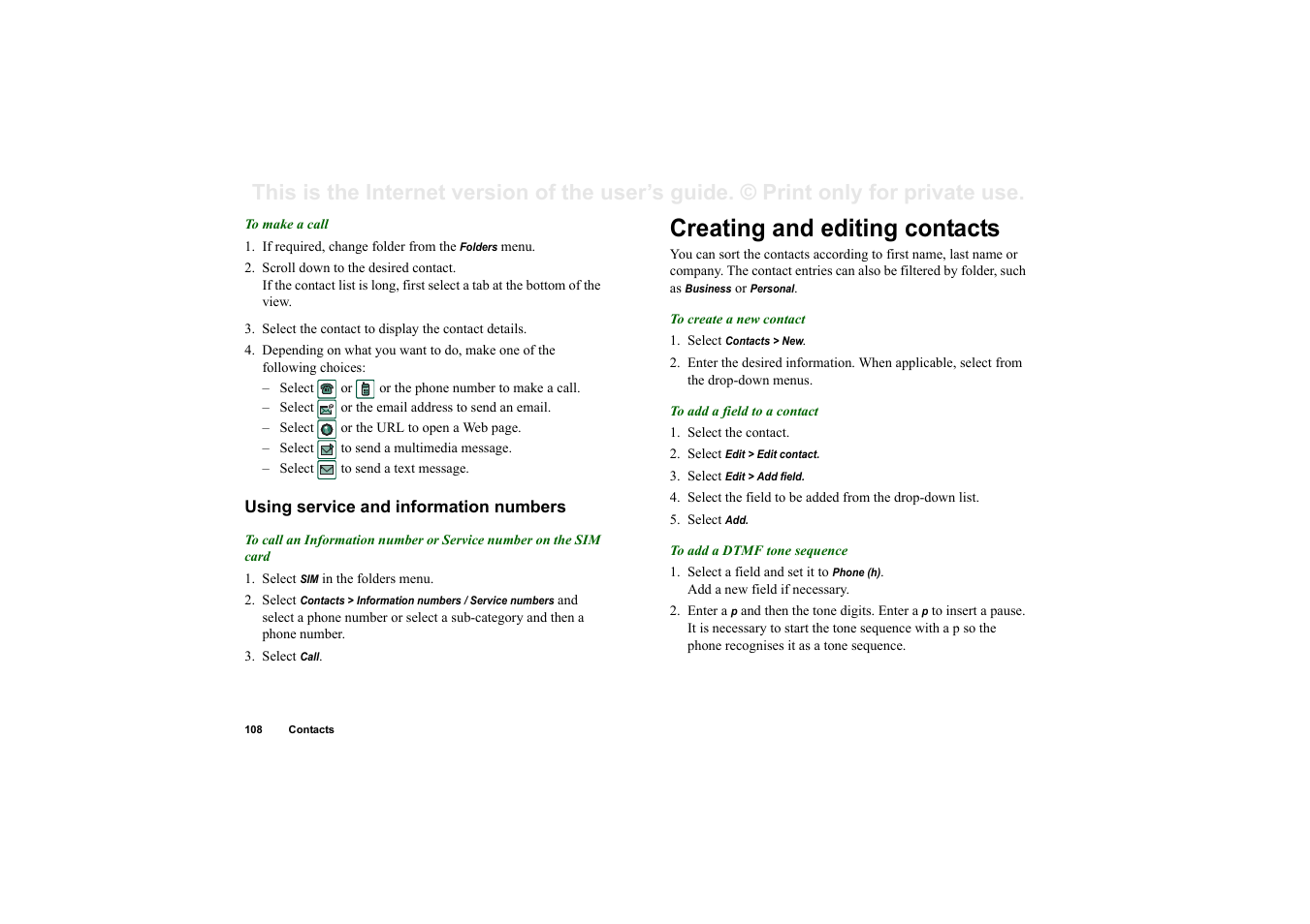 Using service and information numbers, Creating and editing contacts, Creating and editing contacts’ on | Superior P910I User Manual | Page 108 / 211