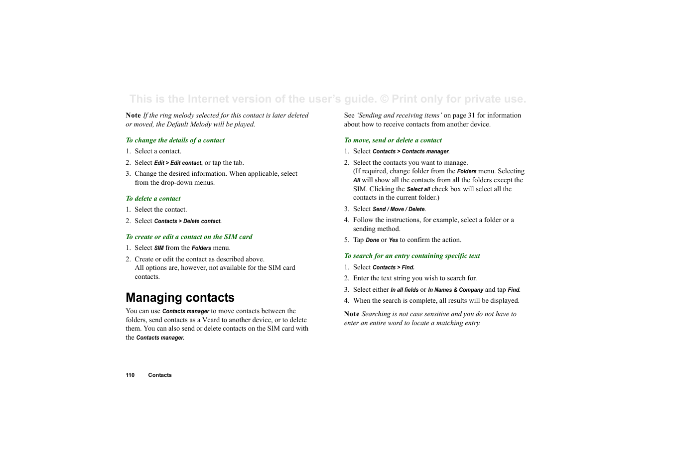 Managing contacts | Superior P910I User Manual | Page 110 / 211
