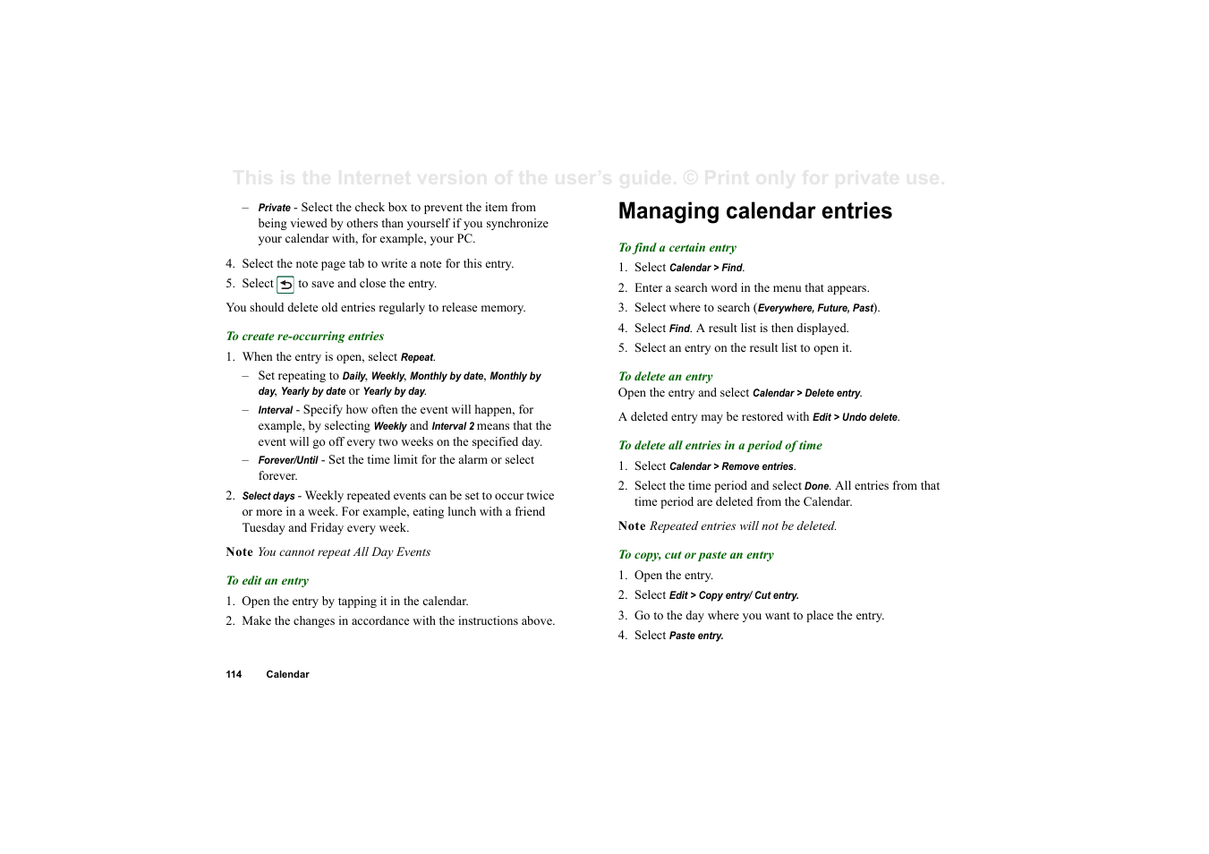 Managing calendar entries | Superior P910I User Manual | Page 114 / 211