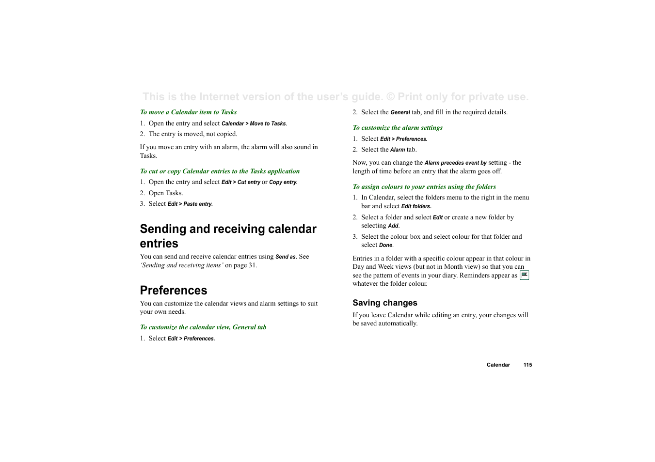 Sending and receiving calendar entries, Preferences, Saving changes | Sending and receiving calendar entries preferences | Superior P910I User Manual | Page 115 / 211