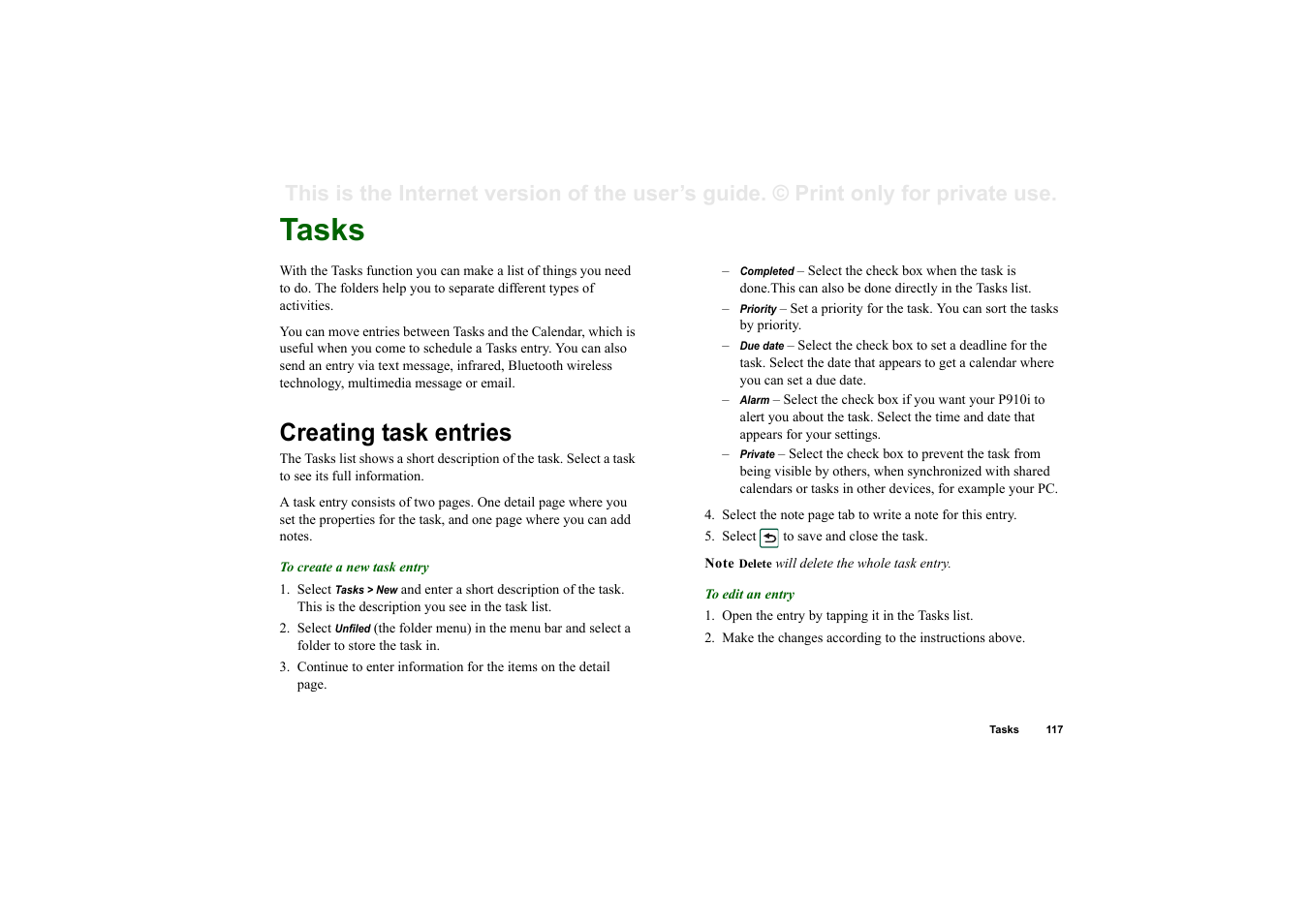 Tasks, Creating task entries | Superior P910I User Manual | Page 117 / 211