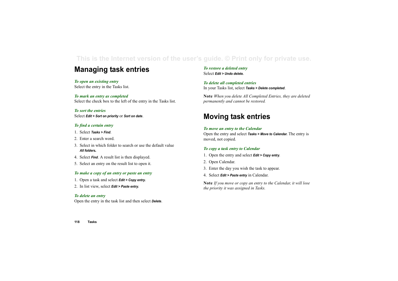 Managing task entries, Moving task entries, Managing task entries moving task entries | Superior P910I User Manual | Page 118 / 211