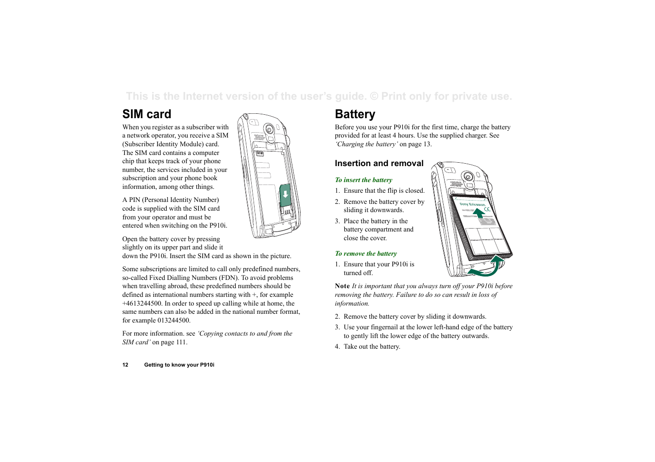 Sim card, Battery, Insertion and removal | Sim card battery | Superior P910I User Manual | Page 12 / 211