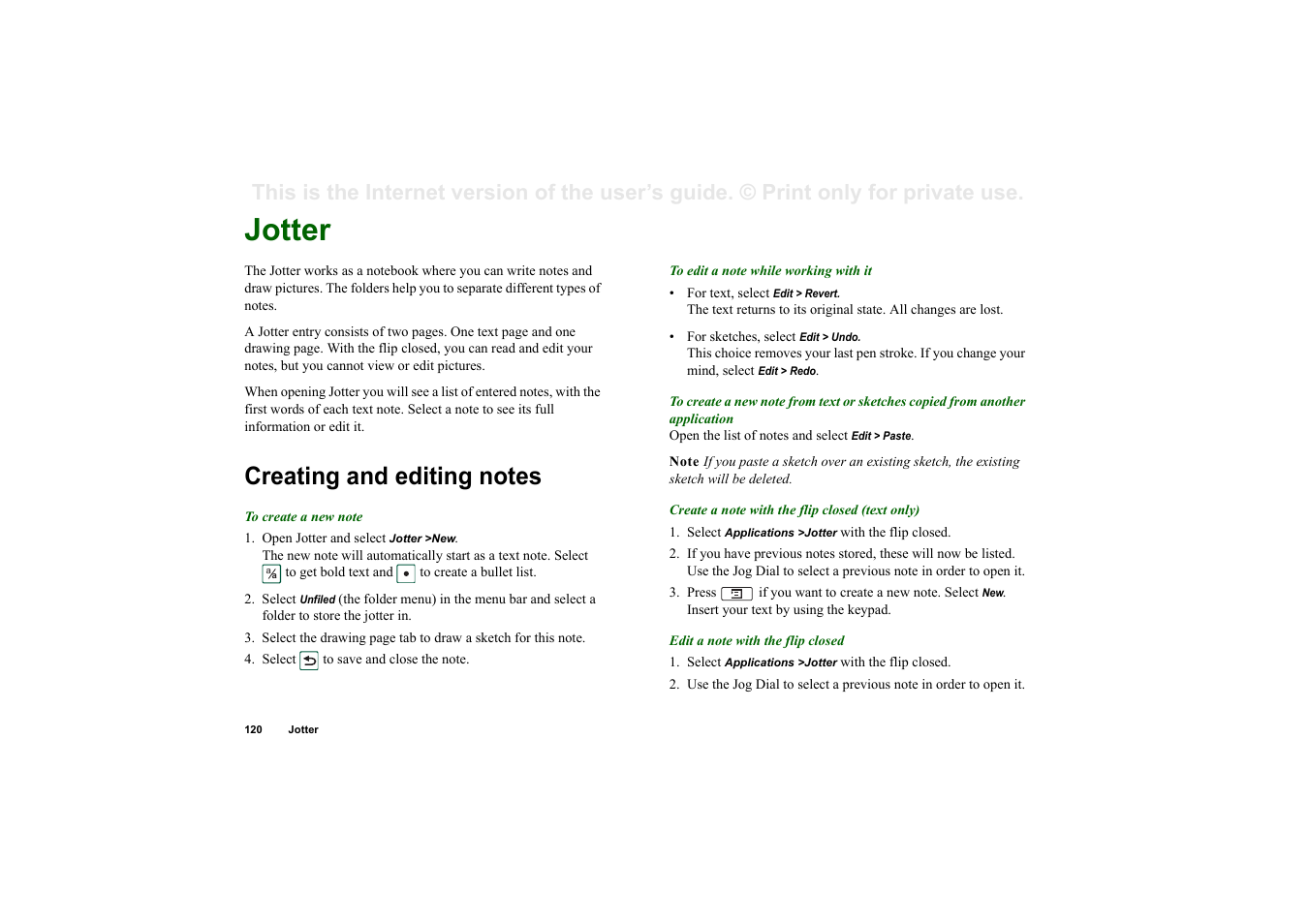Jotter, Creating and editing notes | Superior P910I User Manual | Page 120 / 211