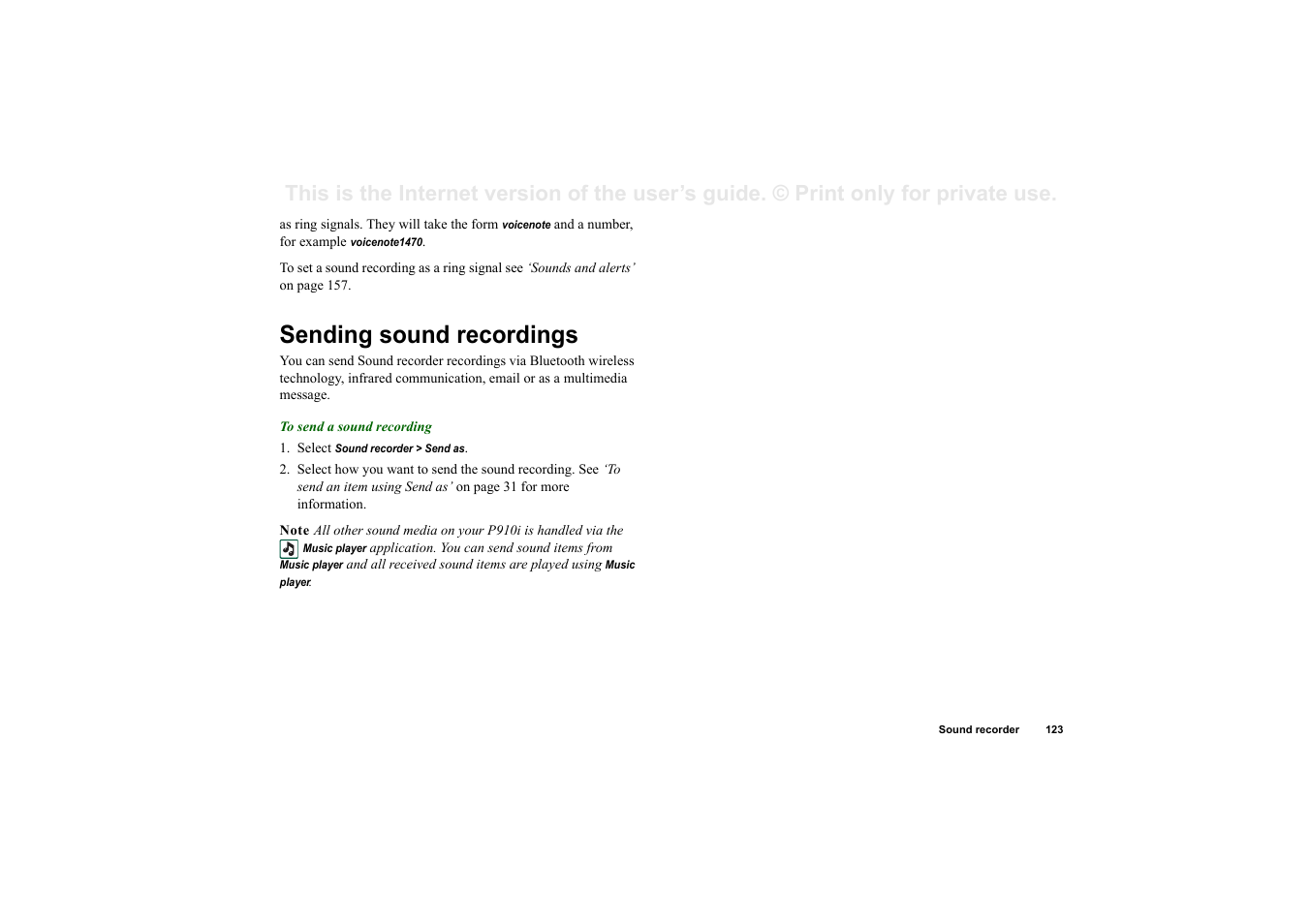 Sending sound recordings | Superior P910I User Manual | Page 123 / 211
