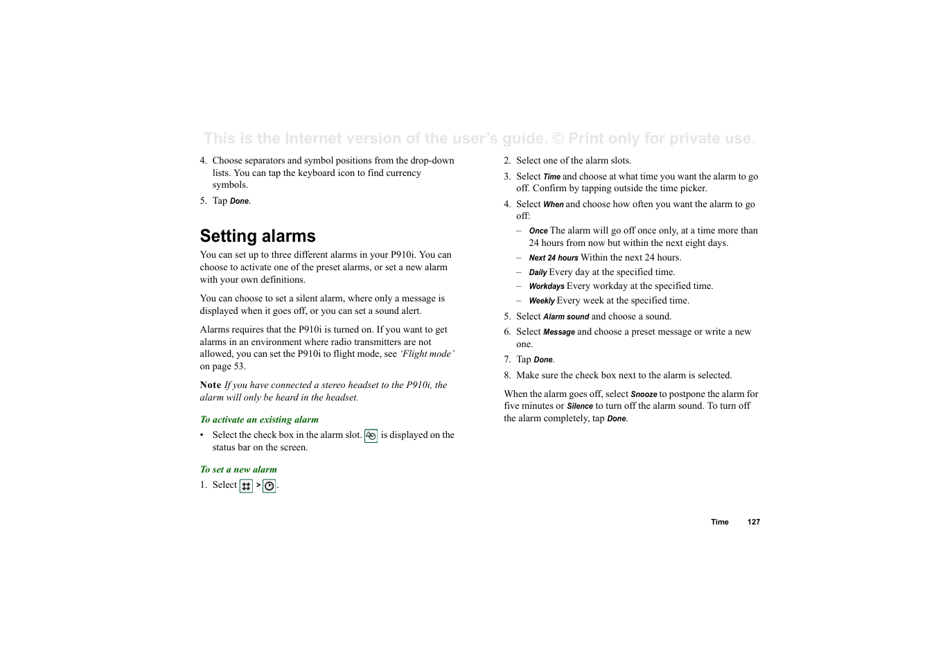 Setting alarms | Superior P910I User Manual | Page 127 / 211