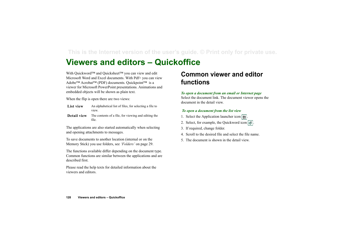 Viewers and editors – quickoffice, Common viewer and editor functions | Superior P910I User Manual | Page 128 / 211