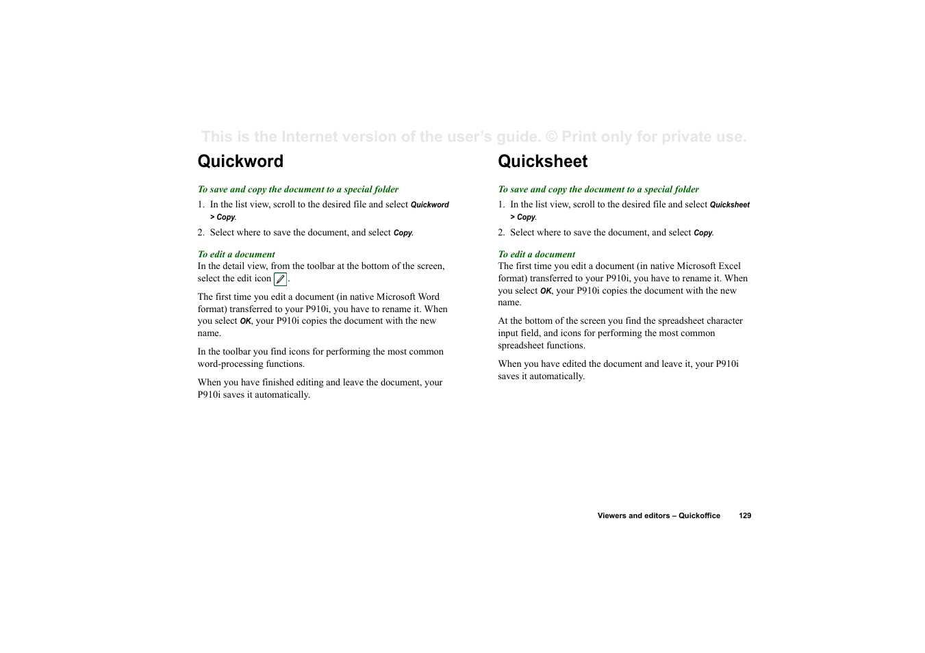 Quickword, Quicksheet, Quickword quicksheet | Superior P910I User Manual | Page 129 / 211