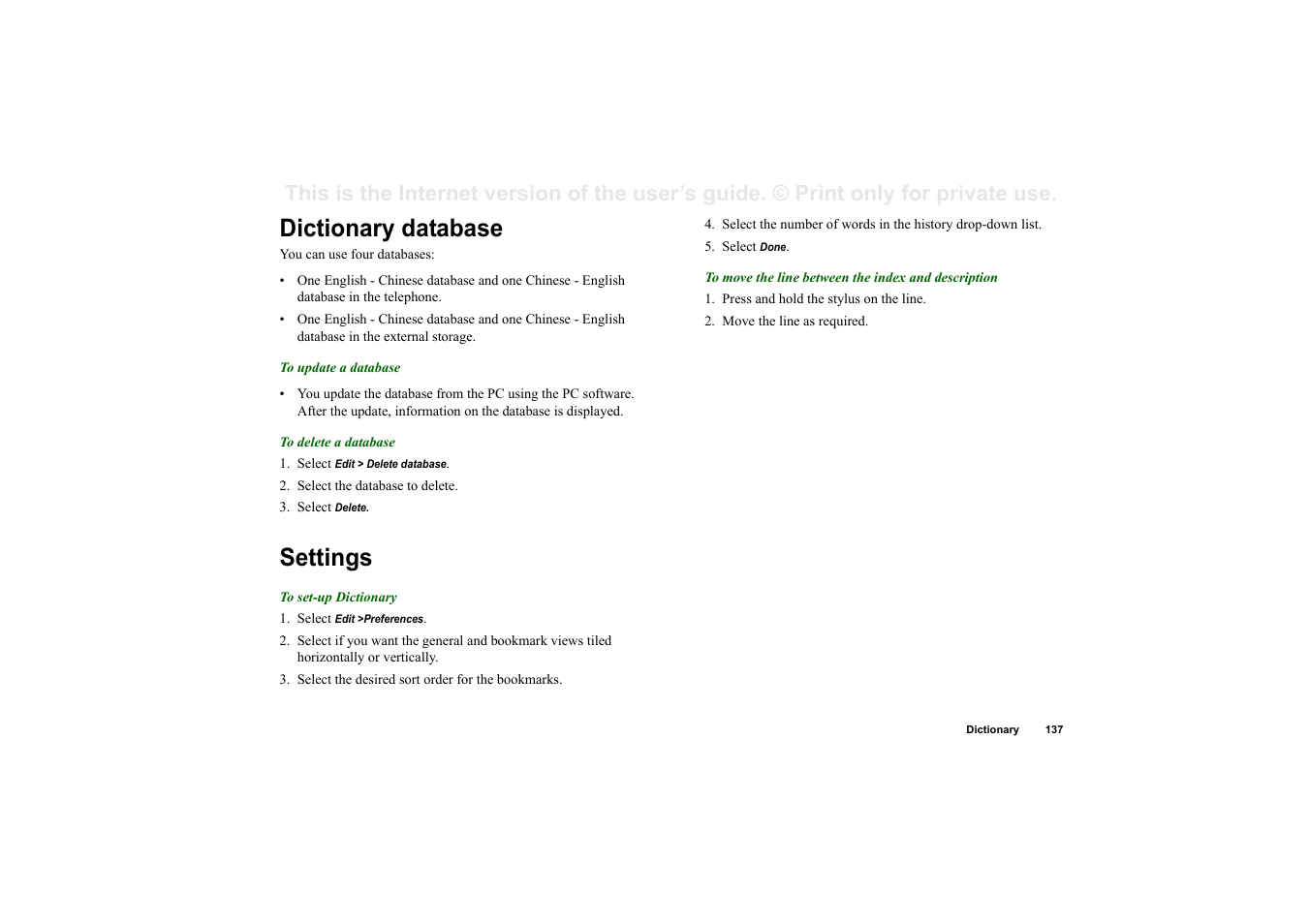 Dictionary database, Settings, Dictionary database settings | Superior P910I User Manual | Page 137 / 211