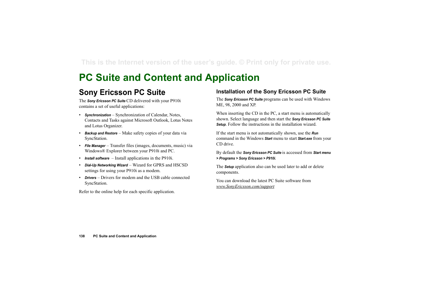 Advanced functions, Pc suite and content and application, Sony ericsson pc suite | Installation of the sony ericsson pc suite, Dvanced, Unctions | Superior P910I User Manual | Page 138 / 211