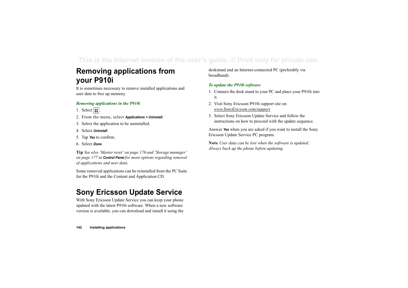Removing applications from your p910i, Sony ericsson update service | Superior P910I User Manual | Page 142 / 211