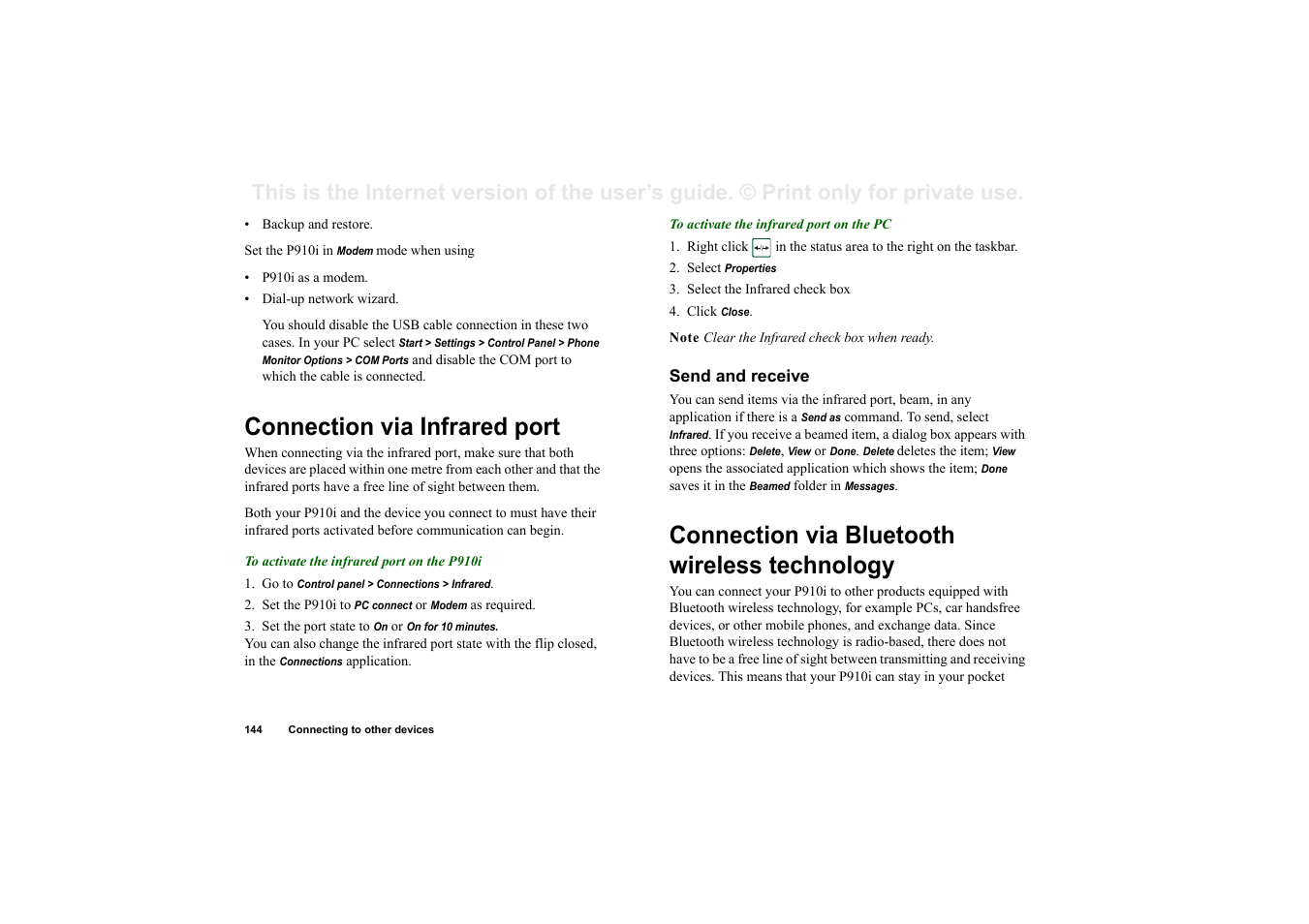 Connection via infrared port, Send and receive, Connection via bluetooth wireless technology | Superior P910I User Manual | Page 144 / 211