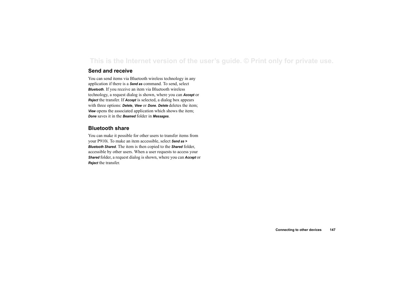 Send and receive, Bluetooth share | Superior P910I User Manual | Page 147 / 211