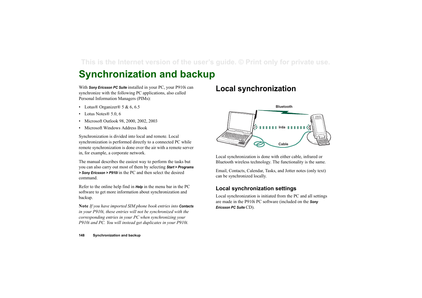 Synchronization and backup, Local synchronization, Local synchronization settings | Superior P910I User Manual | Page 148 / 211